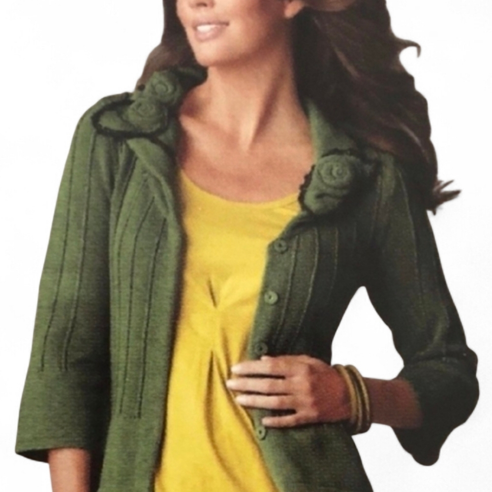 CABI Green Knit Crochet Flower Detail Snap Front Cardigan - Medium